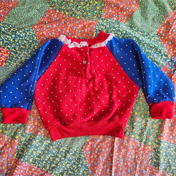 VTG Baby Colorblock Polka Dot Dolman Sleeve w Bunny & Flowers Sweatshirt - Picture 4 of 6